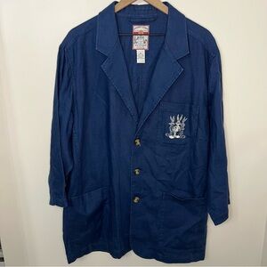 Vintage Y2K Looney Tunes Long Linen Blazer Navy Blue Size XL 100% Linen 90s
